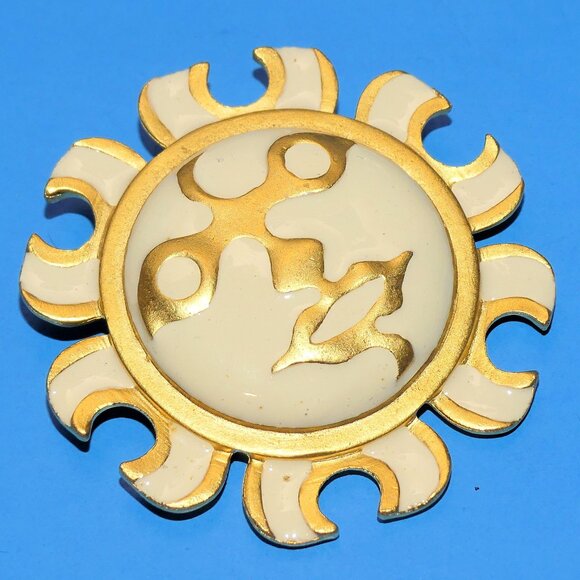 Vintage Maxine Denker Sun Face Brooch Pin Enamel Gold Tone Modernist Signed Rare - Picture 3 of 7